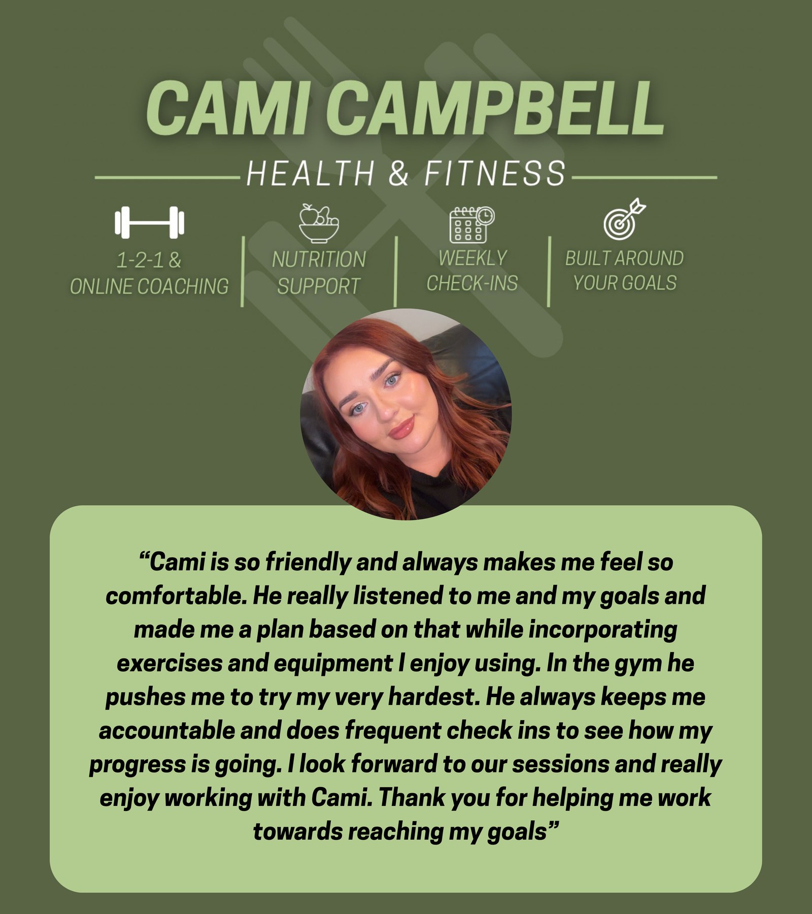 Client testimonial 1 for Cami Campbell Health & Fitness